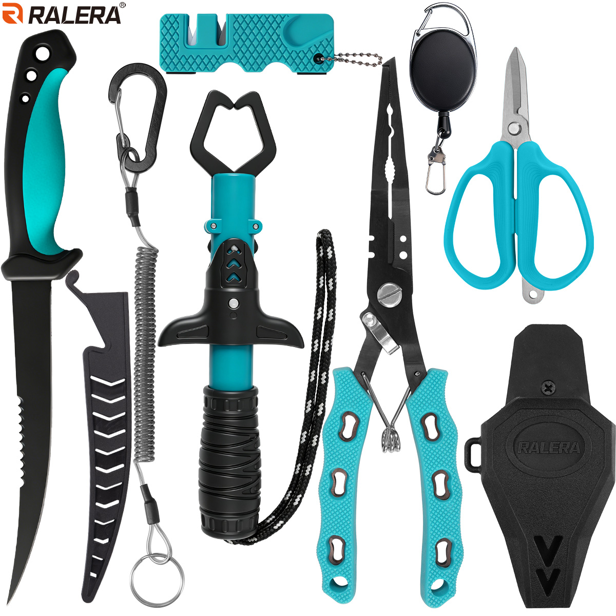 Saltwater Line - RALERA耐塩水釣り具キット：フィッシングプライヤー、フィレナイフ、フィッシュリップグリッパー、ブレイドハサミ、ラインカッター